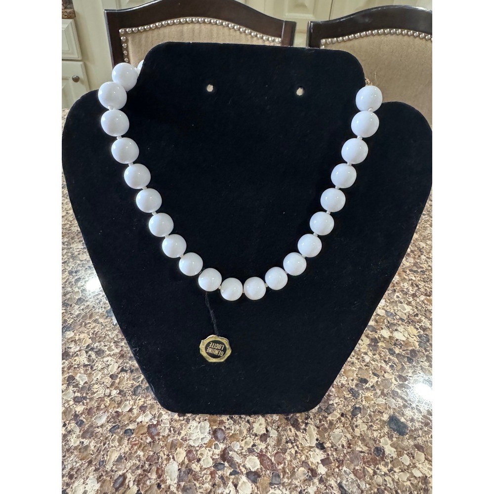Vintage Genuine Lucite Hand Knotted White Bead Necklace Made‎ In Japan